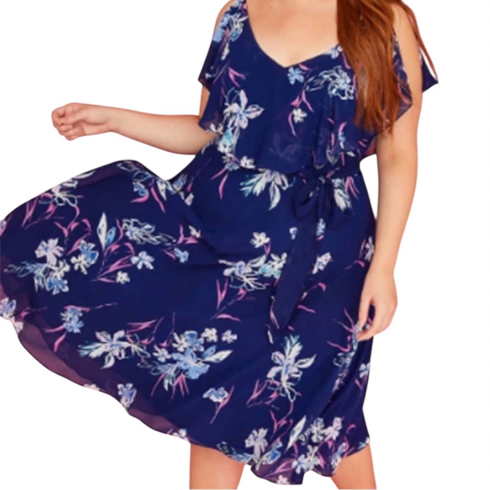 Lane Bryant | Floral Midi Dress Split Flutter Ruffle Sleeves Blue Pink Size 4X